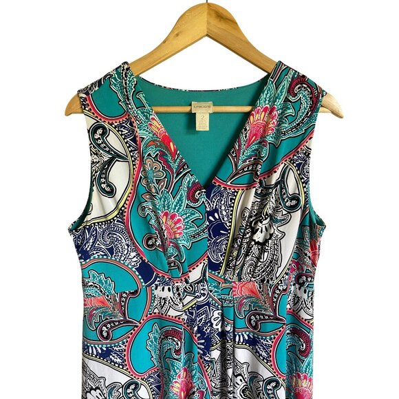 Chico's Size 2/Large Multicolor Paisley V-Neck Sleeveless Dress Stretch Hi-Lo - Picture 2 of 6